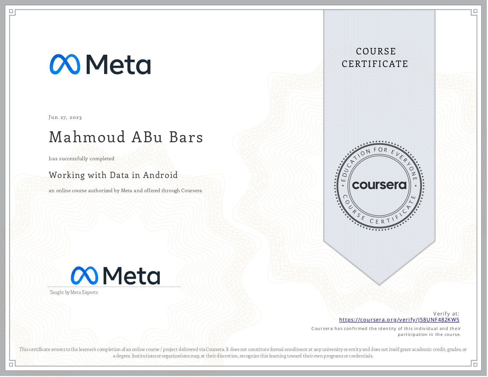 Working with Data in Android certificate