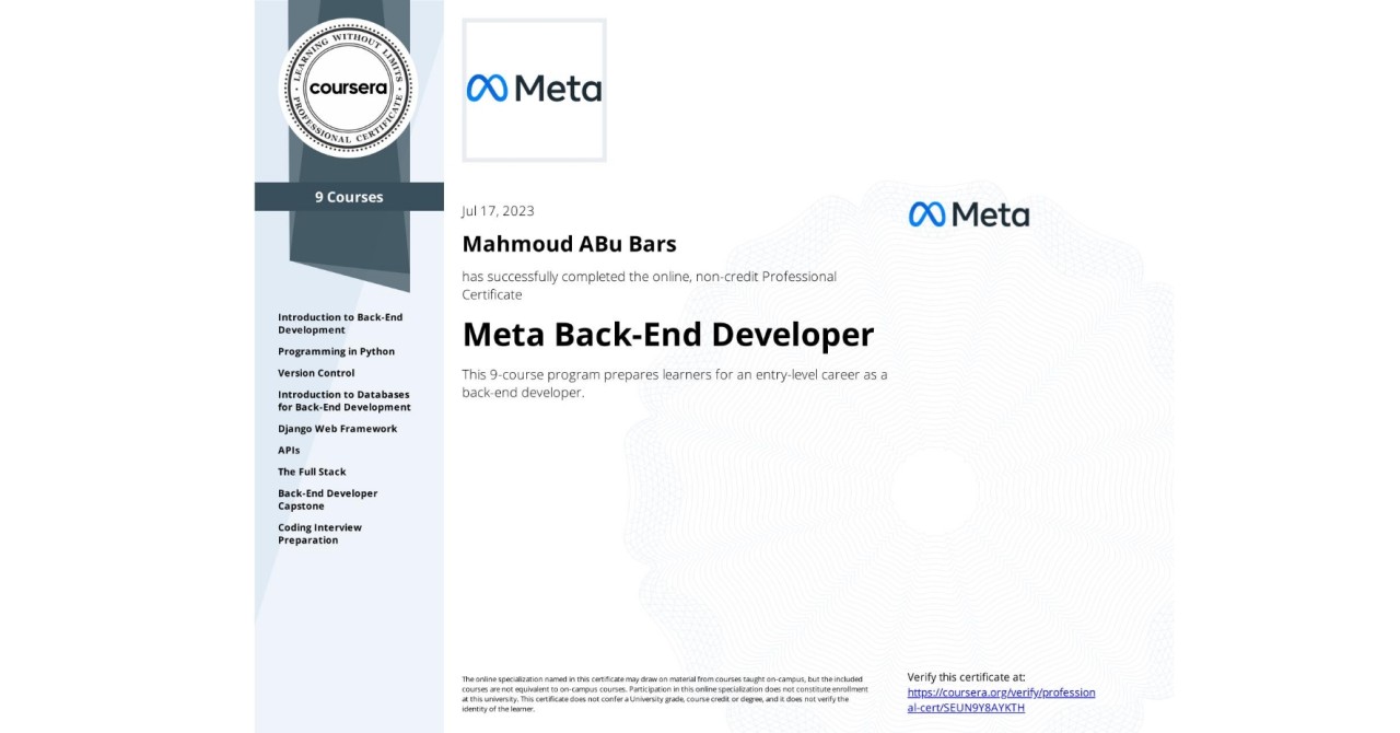 Meta Back-End Developer certificate