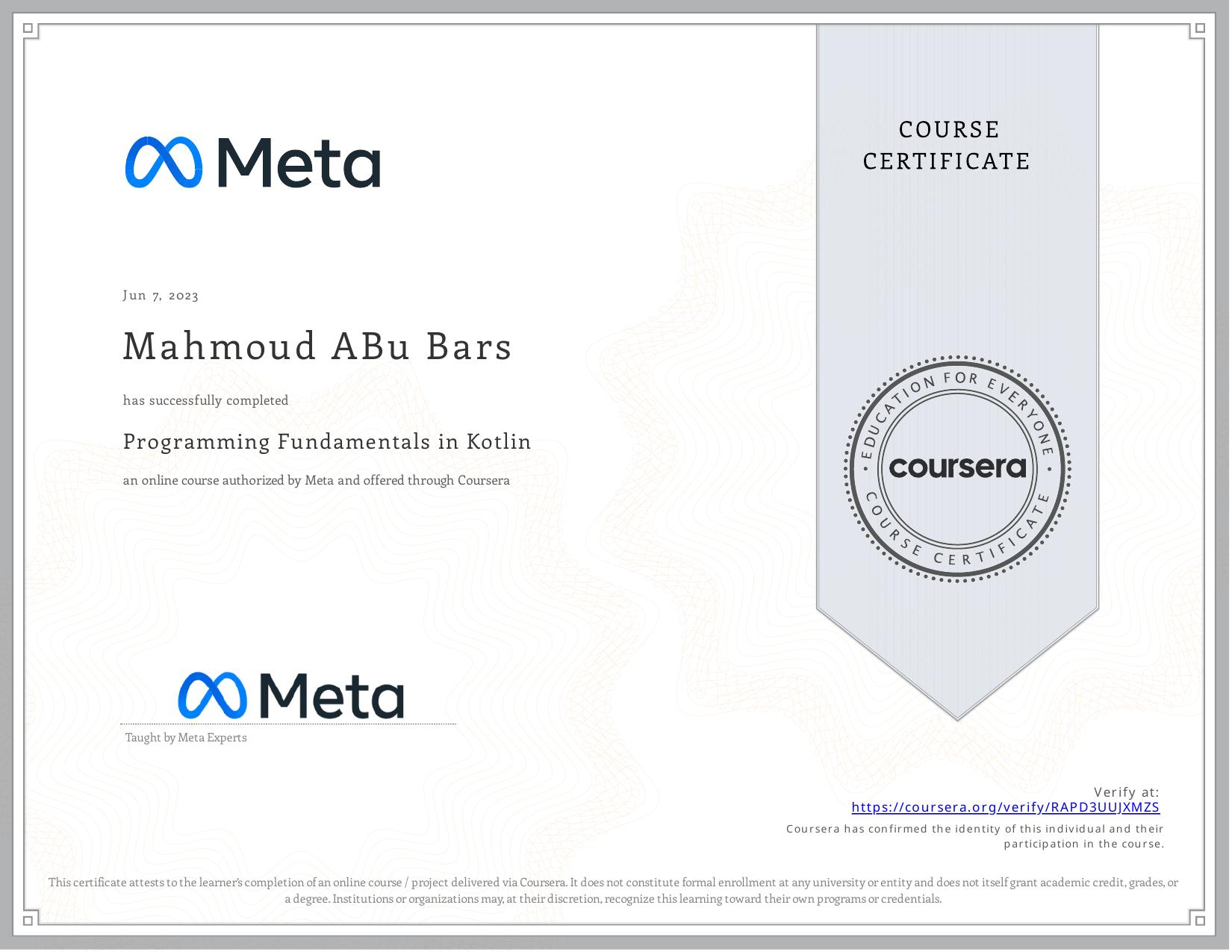 Programming Fundamentals in Kotlin certificate