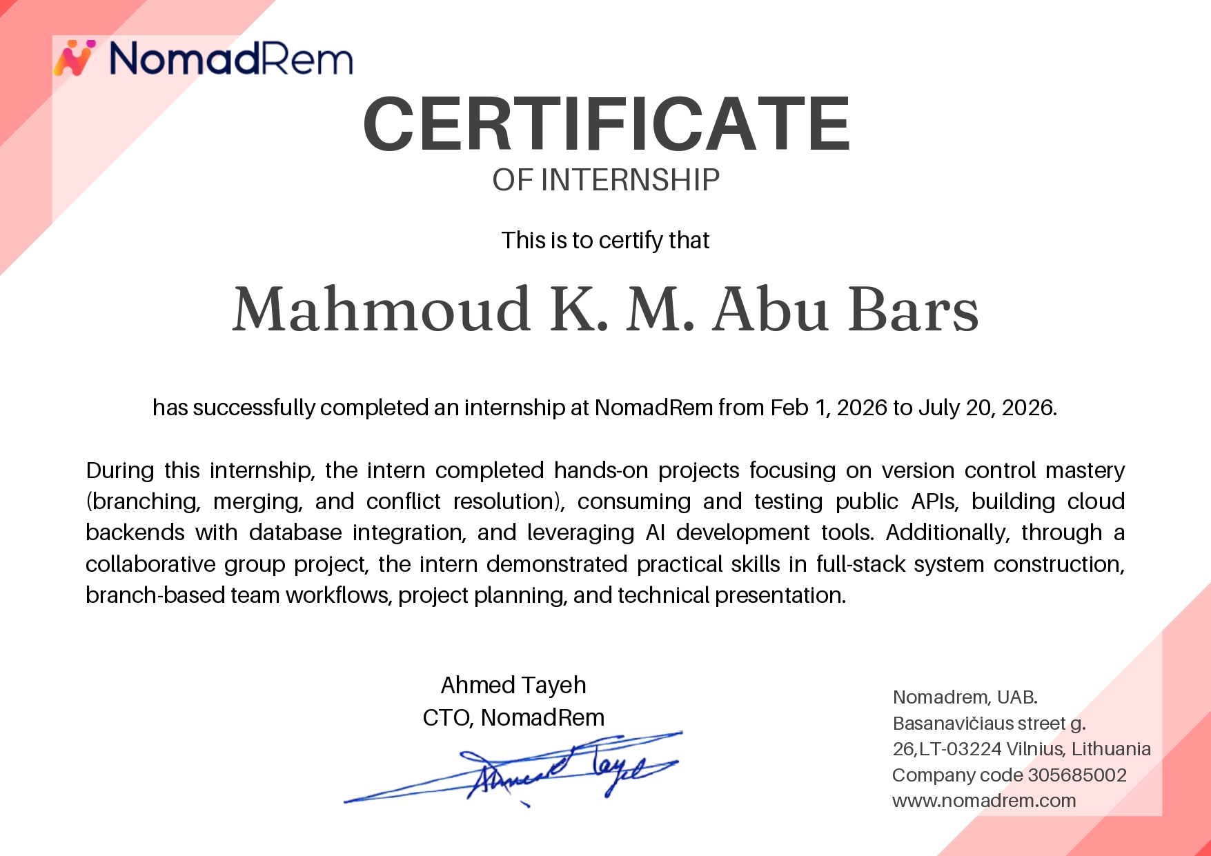 NomadRem Internship Certificate for Mahmoud Abu Bars
