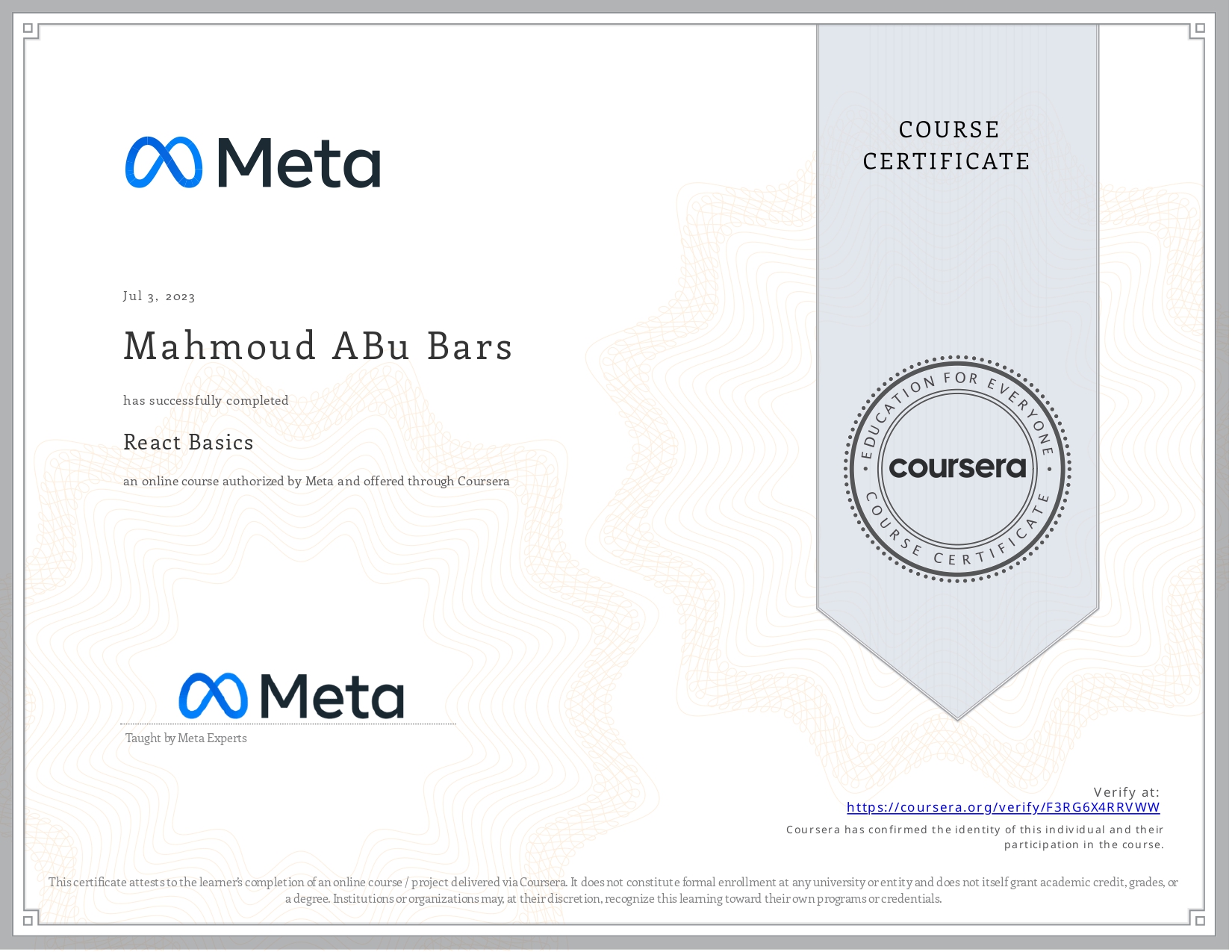 React Basics certificate